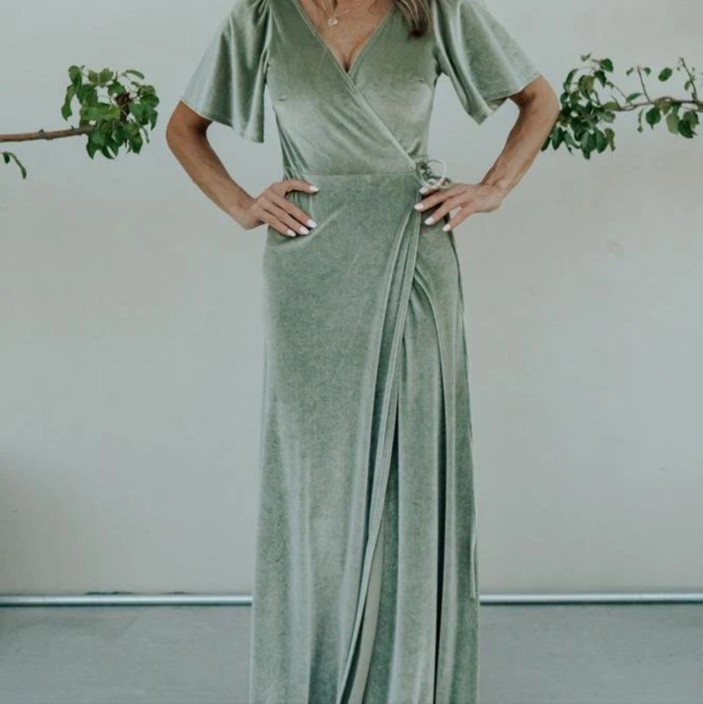 Like New - Baltic Born brand Velvet wrap dress in Sage green. Size M.